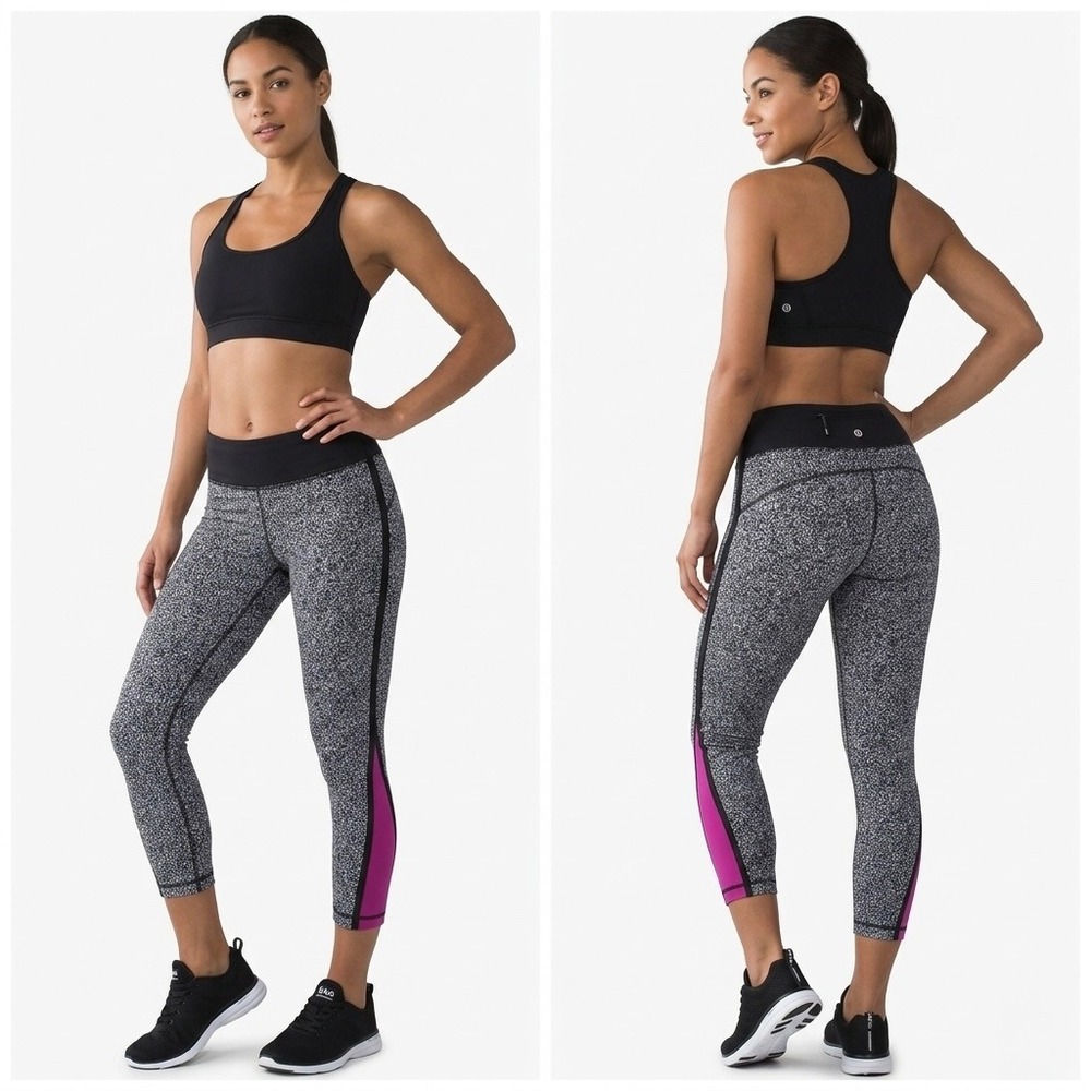 Lululemon Run Inspiring Crop Leggings Black‎ White Static Pink Mesh Size 6